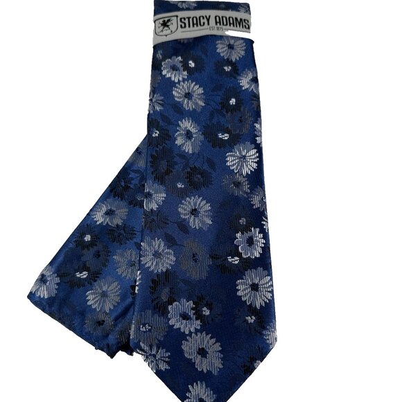 Stacy Adams Men Tie Hanky Navy Blue Silver Royal Blue Floral Pattern 3.25" Wide - Picture 3 of 5